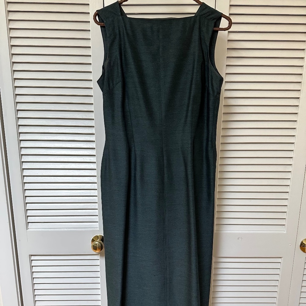 Vintage 1960s Sheath Dress Sleeveless Dark Green Square Neckline Midi